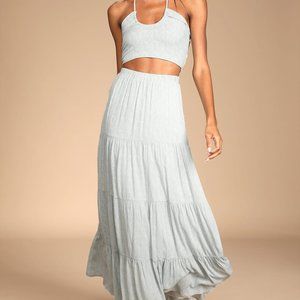 NWT Lulu's My Perfect Day Blue and White Print Tiered Two-Piece Maxi Dress - L